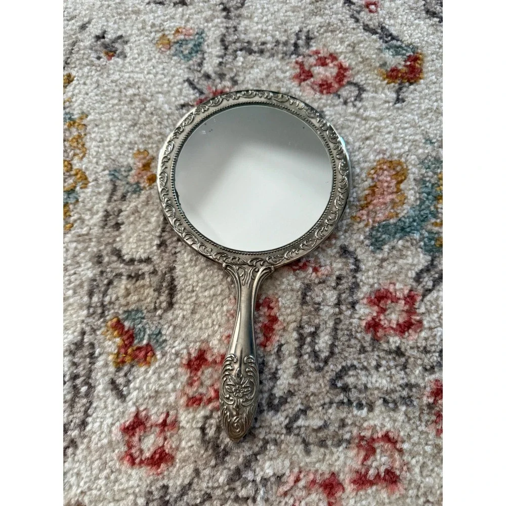 Vintage Silver Ornate Floral Repousse Hand Mirror Victorian Style Vanity Decor